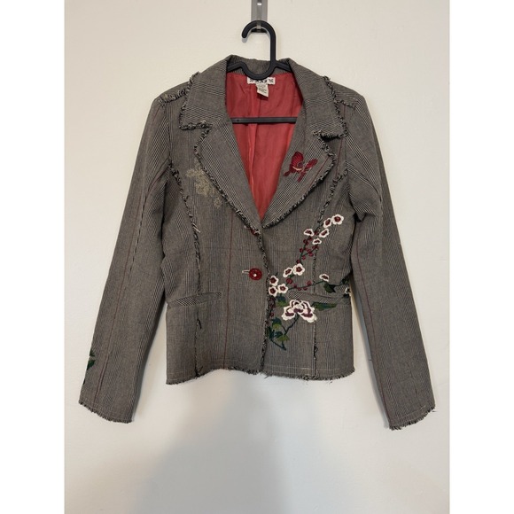 Y2K - Brown‎ Check Flower Embroidered Blazer Cotton Size S - Picture 1 of 15